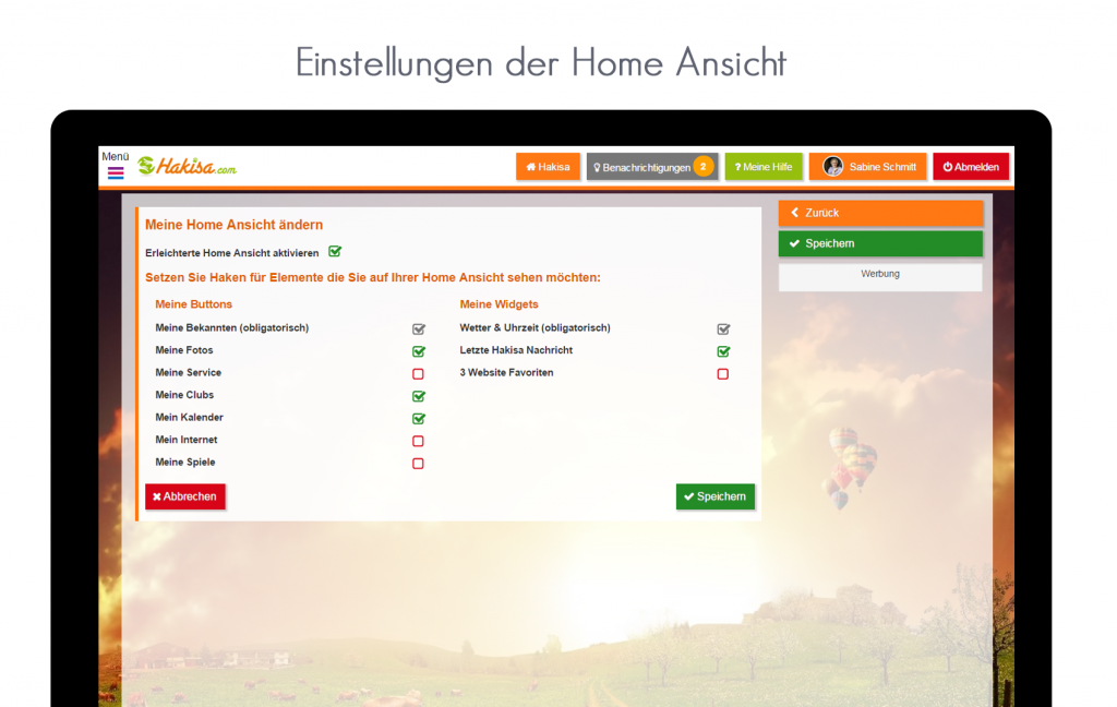 Einstellungen Home Ansicht