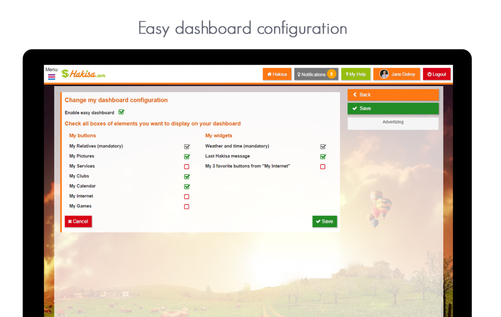 Hakisa easy dashboard configuration page